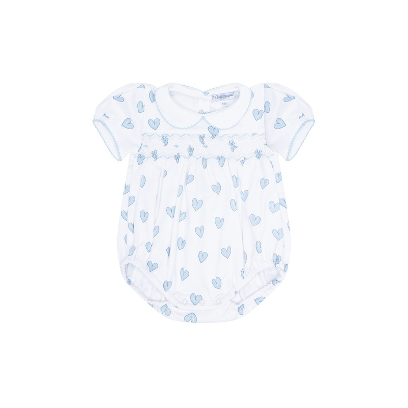 Blue Heart Print Smocked Bubble Blue 0 – 3M