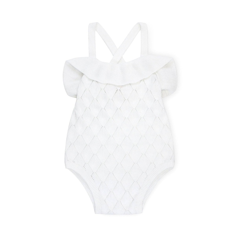 Hope and Henry – Ruffle Sweater Romper White Diamond Pointelle 0-3 Months