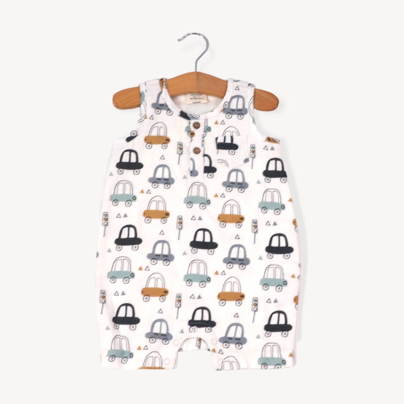 Viverano Organics – Cars Henley Sleeveless Baby Romper (Organic Muslin) 0-3M Natural