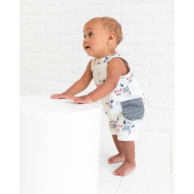 Viverano Organics – Nautical Crab Side Pocket Baby Romper (Organic Jersey) NATURAL 0-3M