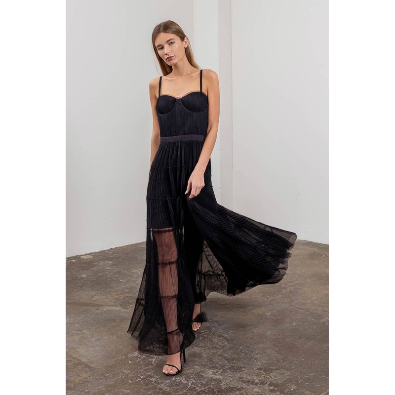 Pleated Tulle Semi-Sheer Tiered Dress XS