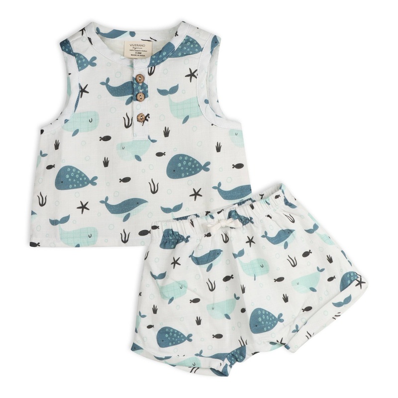 Viverano Organics – Whales Baby Top + Shorts (Organic Muslin) WHITE 18-24M