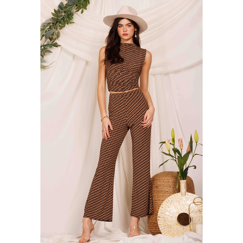 Endless Blu – DQP8108 PRINTED KNIT WIDE LONG PANTS Large BROWN/BLACK