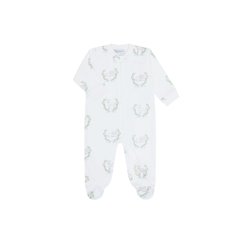 Blue Lamb Print Zipper Footie Blue New Born