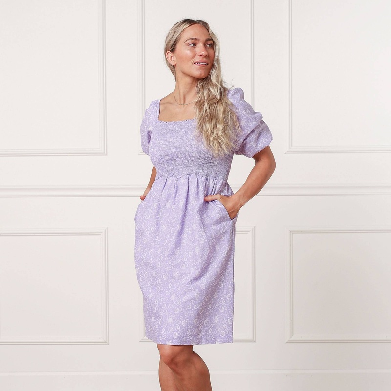 Hope and Henry – Smocked Bubble Sleeve Dress Lavender Field Floral 4