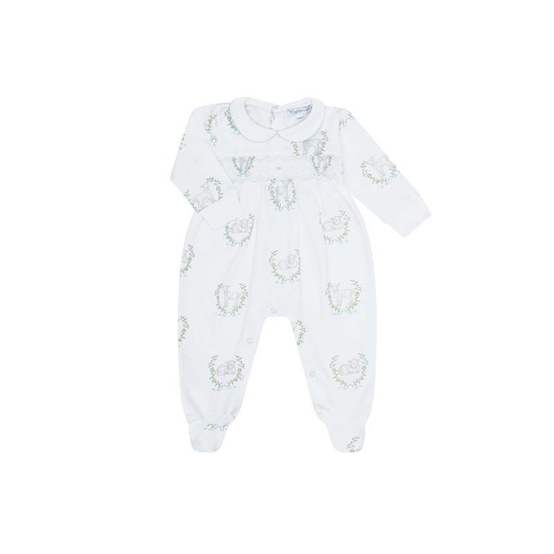 Blue Lamb Print Smocked Footie Blue 0 – 3M