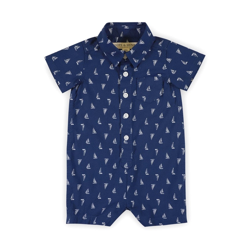 Hope and Henry – Organic Seersucker Button Front Romper Blue Sailboats Seersucker 0-3 Months