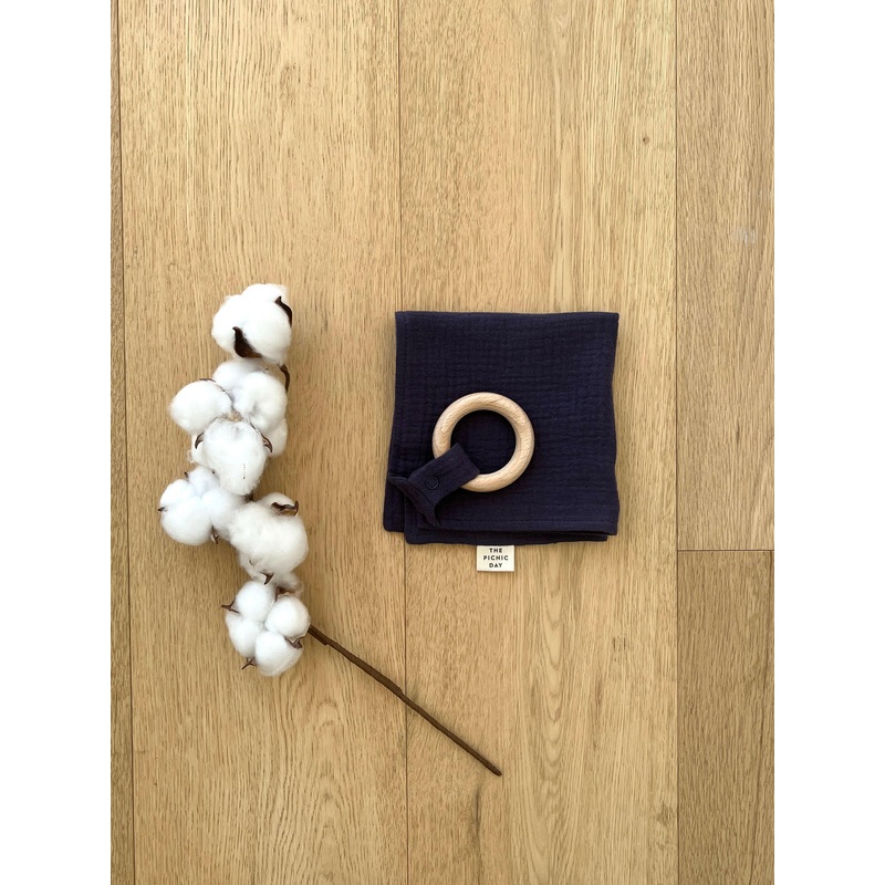 Organic Cotton Towel with Teething Ring Navy