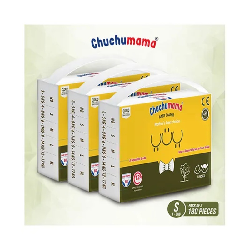 Chuchumama Taped Style Baby Diaper, small (S), 3 – 5 kg, Combo Pack of 3, 60 count Per Pack, 180 count, 12 hrs Absorption and Cottony Soft Material