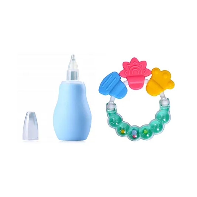 Enorme Baby Silicone Blue Nose Cleaner Nasal Aspirator and Round Shape BPA Free Silicone Bell Teether Ring for Babies