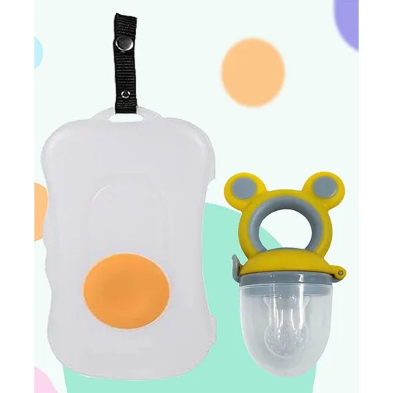 The Cheeky Kidzz Reusable Refillable Baby Wet Wipes Storage Box Container for Car Bathroom Living Room With Soft Silicone Ear Shape Fruit Vegetable Nibbler Soother (YELLOW)