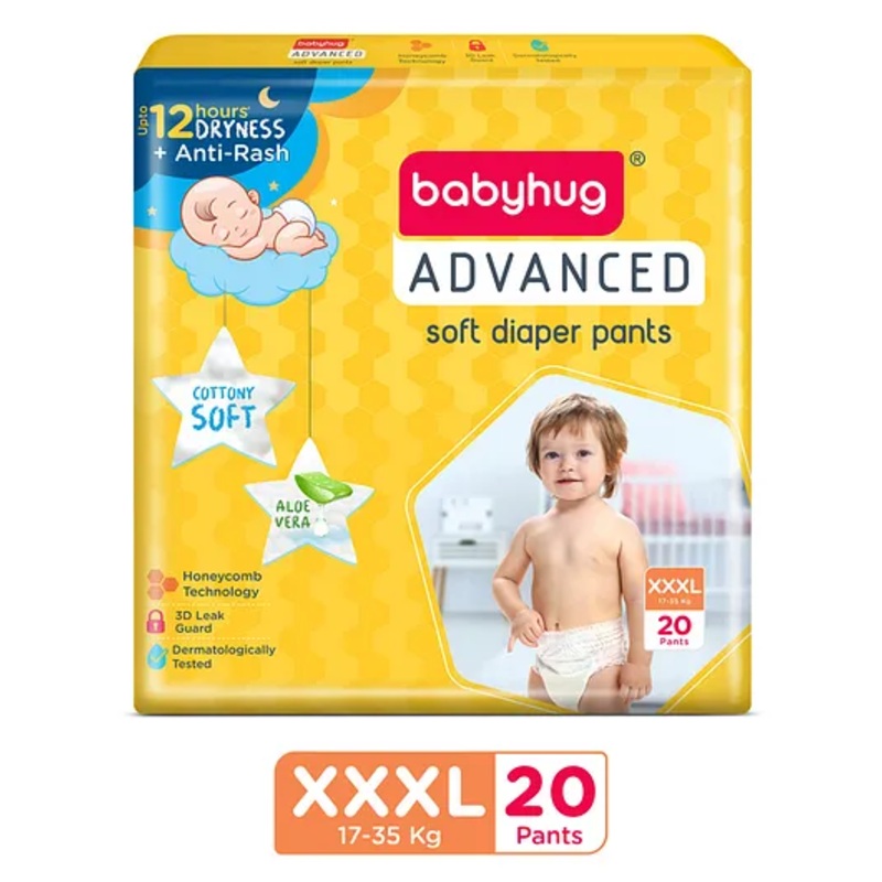 Babyhug Advanced Pant Style Diaper XXXL Size – 20 Pieces, Honeycomb Technology, Cottony Soft Diaper with 3D Leak Guard, Latex & Alcohol Free, Anti-rash & Gentle