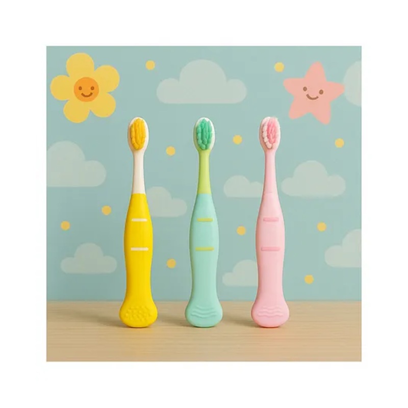 KIDS BASIC Cute Handle Soft Bristle With Tongue Scrapper Kids Toothbrush – Pink, Yellow & Green (Pack of 3)
