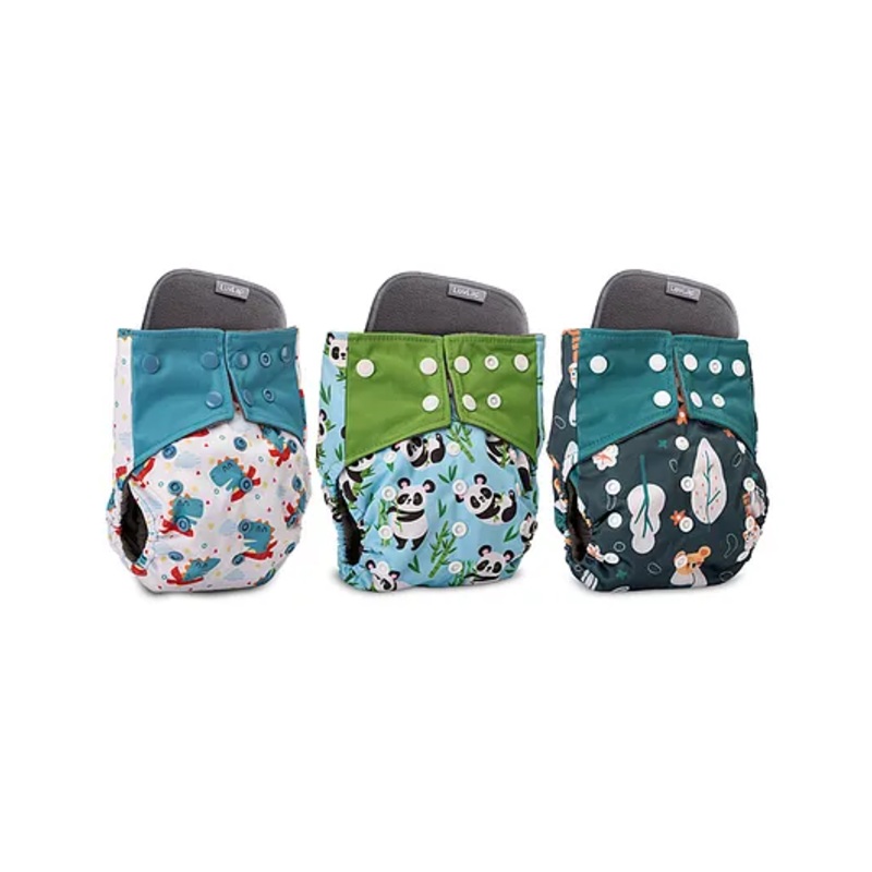 LuvLap Reusable Baby Cloth Diapers Combo Pack of 3, Blue Panda, Green Bunny, White & Blue, Double Leak Guard, High Absorption, Stain-Proof Comfort & Protection, 3 Months+
