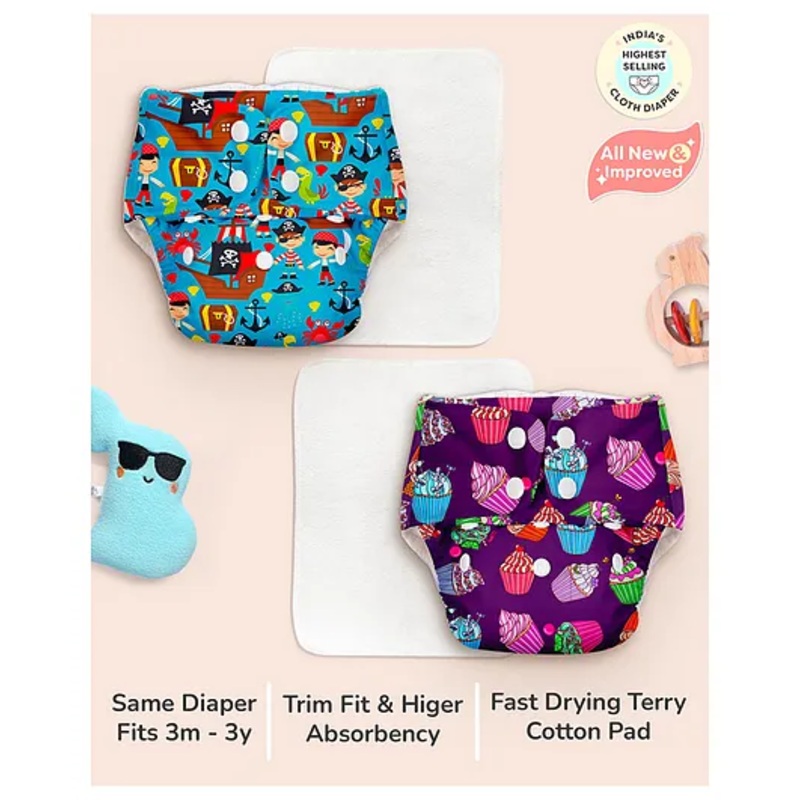 SuperBottoms BASIC Pack of 2 Reusable Cloth Diapers for Babies (3M-3Y) | Adjustable & Washable | Rash Free Diaper