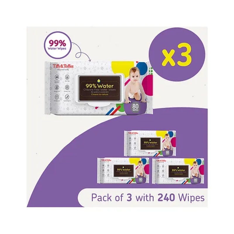 Tiffy & Toffee Premium Baby Skincare Wet Wipes With Aloe Vera Pack of 3 – 240 Pieces