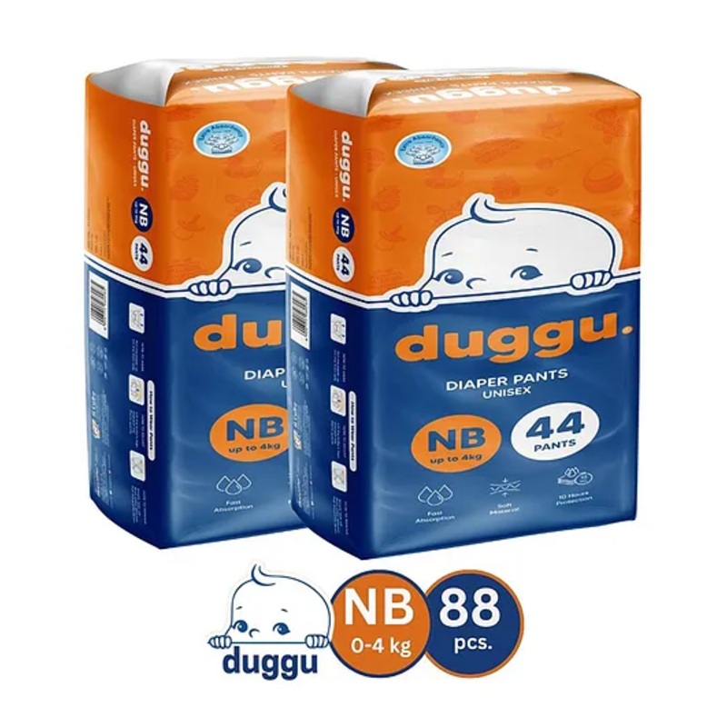 Duggu Baby Diaper Pants | Feather-Like Cotton Feel | Up to 10-Hour Absorption | Soft Elastic Waistband | Highly Absorbent | New-Born | 0-4 KG | Pack of 2 – 88 Diapers