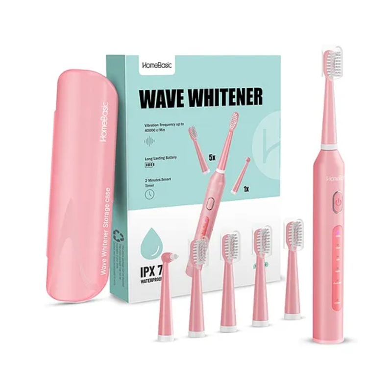 HomeBasic Wave Whitener Electric Toothbrush with 5 Cleaning Modes, 6 Brush Heads, Long-Lasting 60-Day Battery, USB Charging, IPX7 Waterproof, Smart Timer, and Travel Case for Adult Oral Care (Pink)