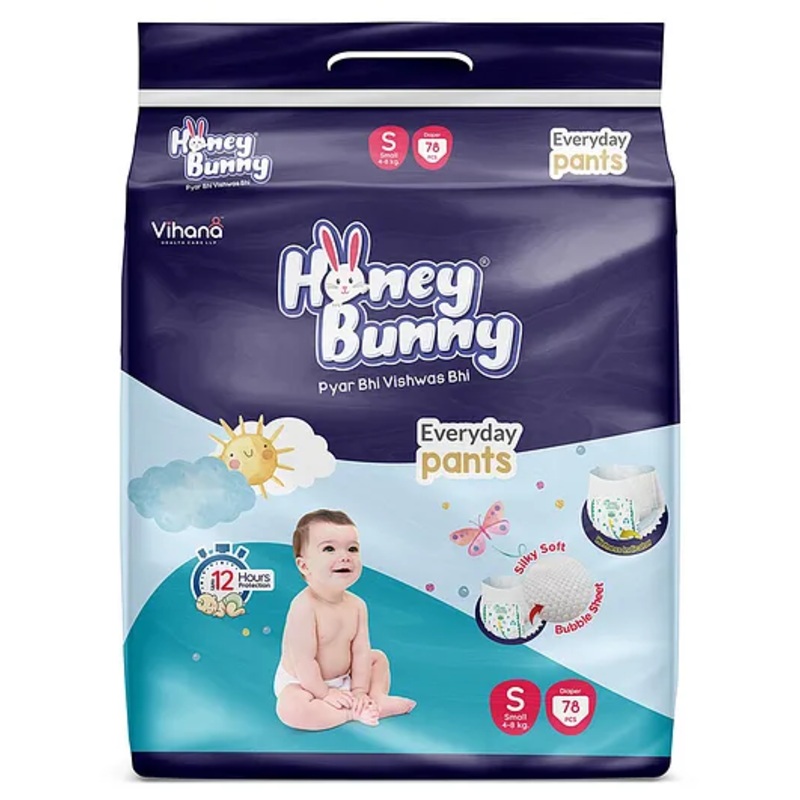 Honey Bunny Everyday Baby Pants Diapers with Silky Soft – Bubble sheet,Wetness Indicator, Small -(78 pcs) – S (78 pcs)