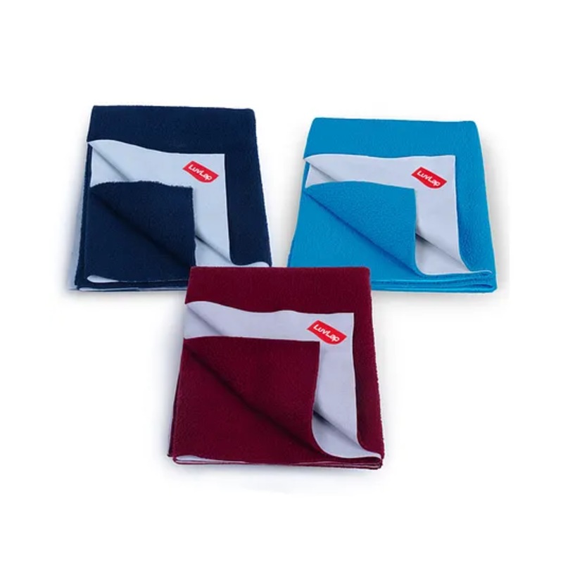 LuvLap Instadry Anti-Piling Fleece Quick Dry Baby Bed Protector, Waterproof, 50x70cm, Pack of 3, Navy Blue, Maroon, Royal Blue