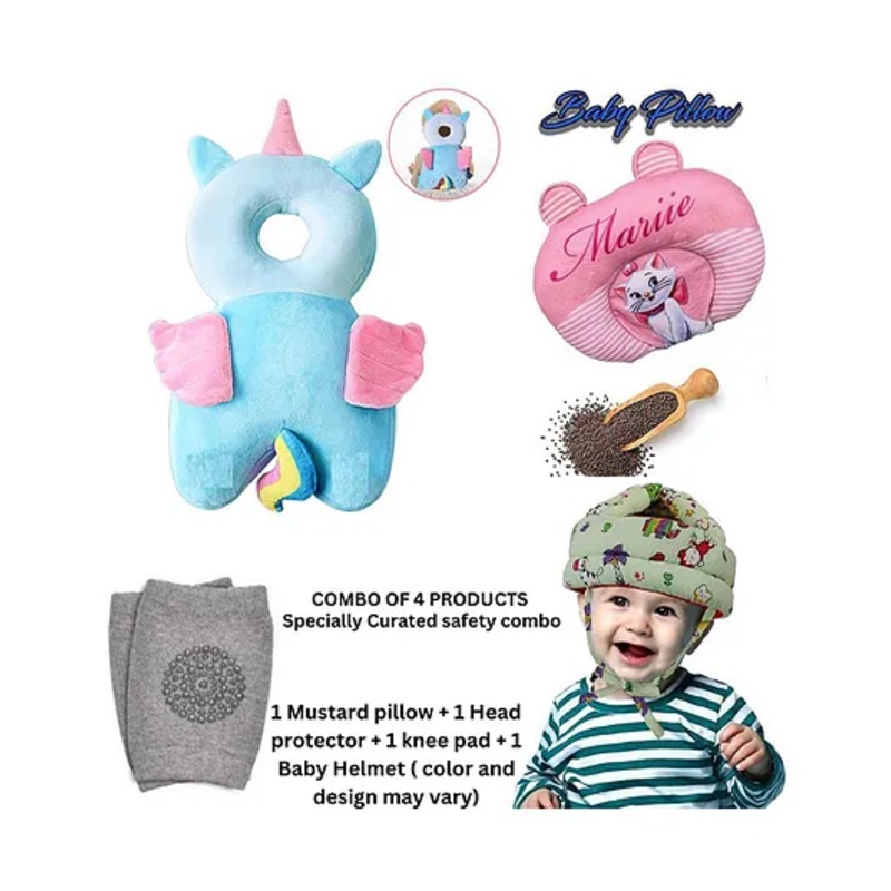 NeonateCare Baby Helmet(Green Jungle) Baby Head Protection Cushion Backpack(unicorn head protector)With Knee pad(multicolor) and Mustard Pillow ( pink marie printed) pack of 4 utility items