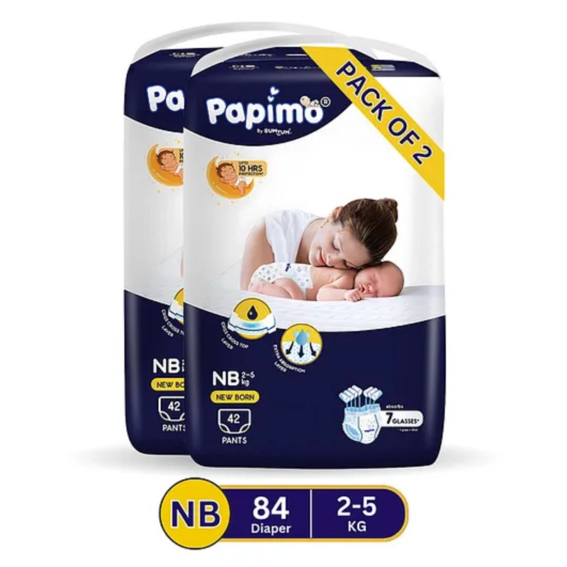 Papimo Baby Diaper Pants  | 12 Hours Absorption with Criss-Cross Technology | Cottony Soft & Breathable | Aloe Vera Infused | Wetness Indicator | New Born (2-5 KG) | Pack of 2 (84 Diapers)