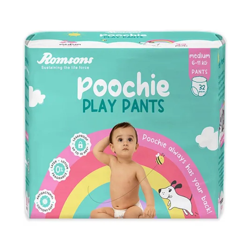 Romsons Poochie Play Pants Baby Diaper | M Size | Super Absorbent Core | Leakproof Protection for up to 10 Hours | Wetness Indicator | 360 Comfort Fit | Suitable for 6-11 KG | Pack of 1 (32 count)