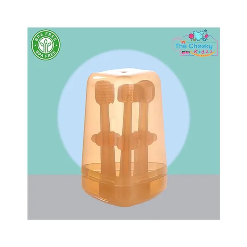 The Cheeky Kidzz Baby Toothbrush 3 In 1 BPA Free Silicone Toothbrush Set Includes U-Shape Tooth Scrubber, Tongue Cleaner & Front Massager Case(ORANGE)