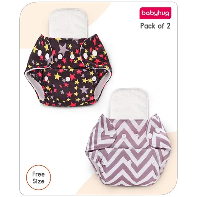 Babyhug Free Size Reusable Cloth Diaper with Inserts Star & Zigzag Prints Pack of 2 – Multicolour