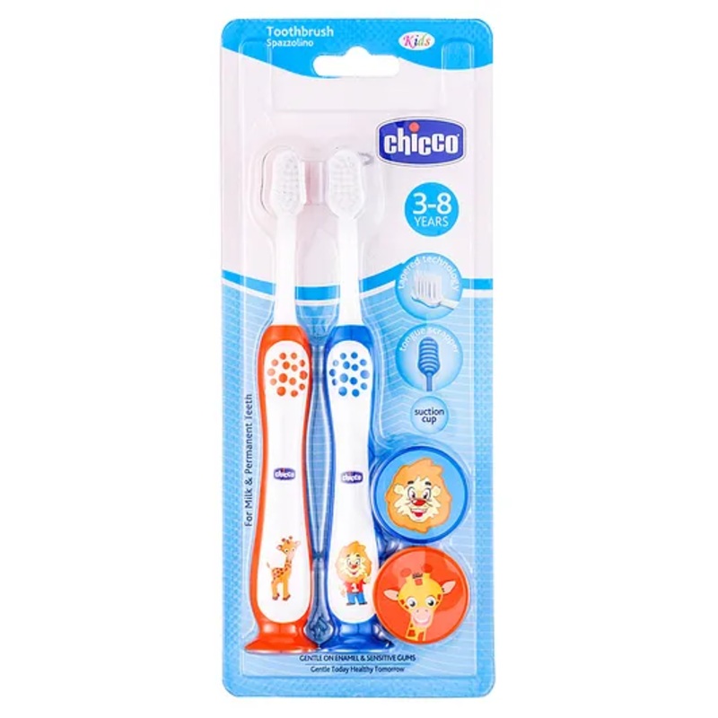 Chicco Ultra Soft Bristles Toothbrush Lion & Giraffe Print Pack of 2 – Orange & Blue