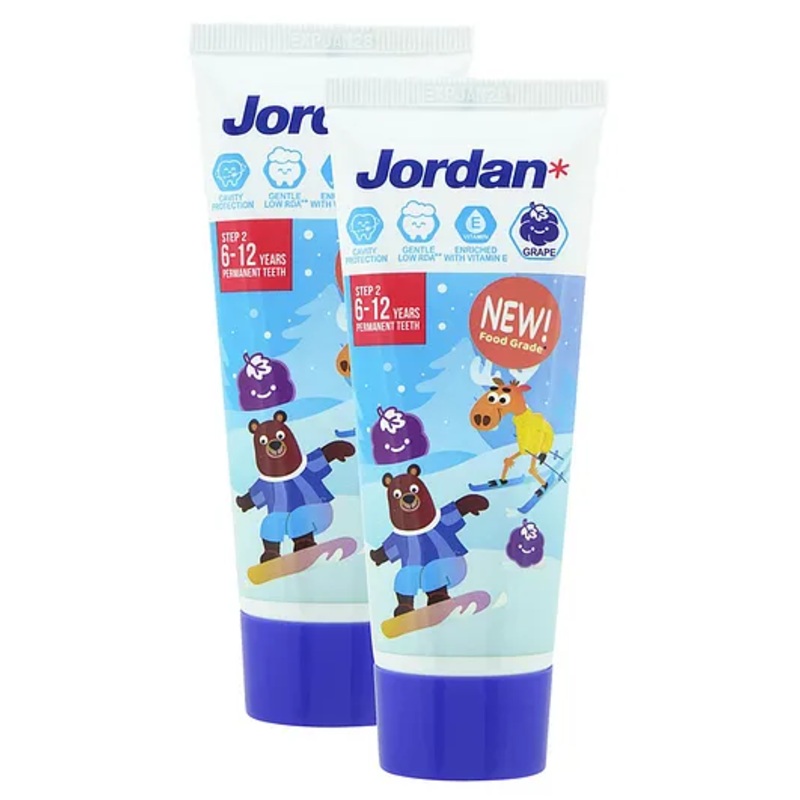 Jordan Kids Toothpaste | STEP 2 | Mild Fruity Flavours | Grape | Permanent Teeth | Gentle for Tooth | Food Grade | 75g (Pack of 2)
