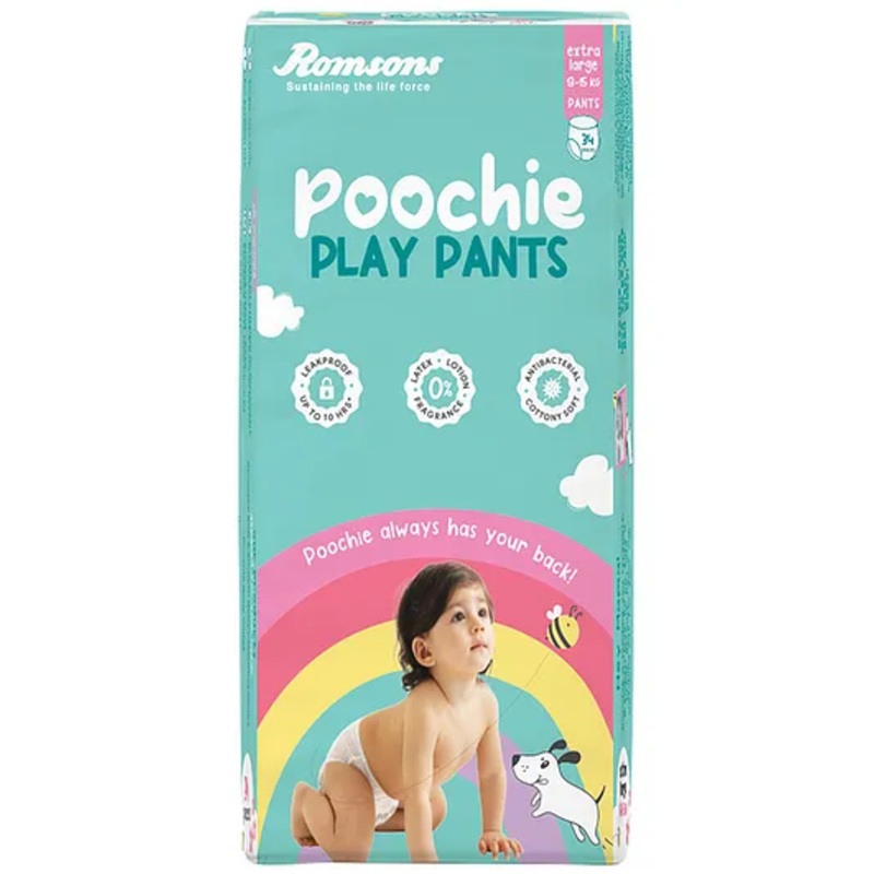 Romsons Poochie Play Pants Baby Diaper | XL Size | Super Absorbent Core | Leakproof Protection for up to 10 Hours | Wetness Indicator | 360 Comfort Fit | Suitable for 13-15 KG | Pack of 1 (34 count)