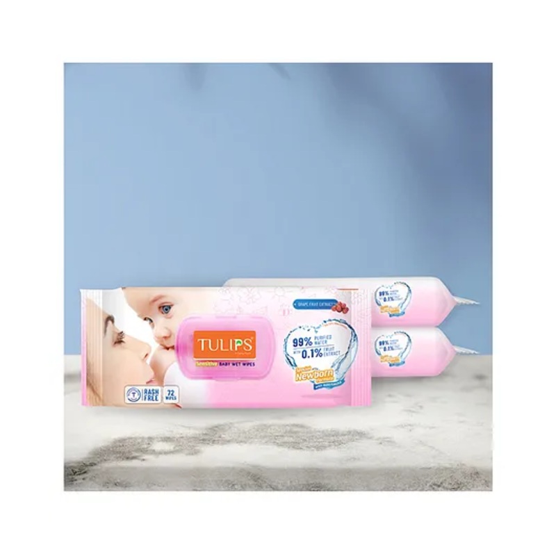 Tulips Sensitive Baby Wet Wipes With Lid Pack of 3 – 72 Pieces each
