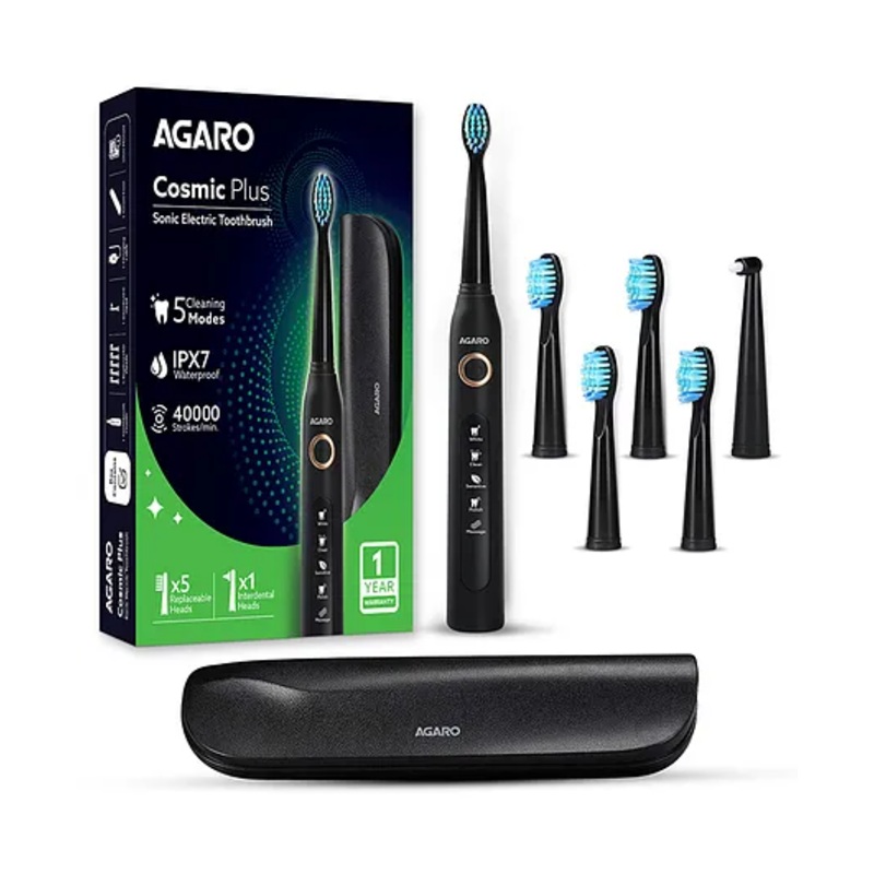 AGARO Cosmic Plus Sonic Electric Toothbrush for Adults, 5 Modes, 5 Brush Heads, Interdental Head, Carry Case, Rechargeable Black
