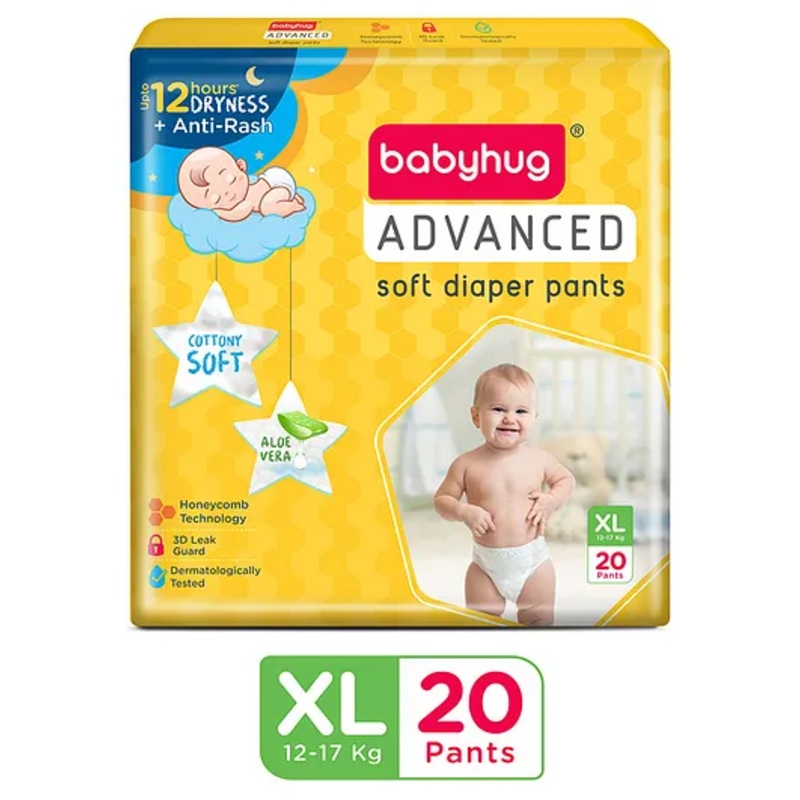 Babyhug Advanced Pant Style Diapers Extra Large (XL) Size   – 20 Pieces, Honeycomb Technology, Cottony Soft Diaper with 3D Leak Guard, Latex & Alcohol Free, Anti-rash & Gentle