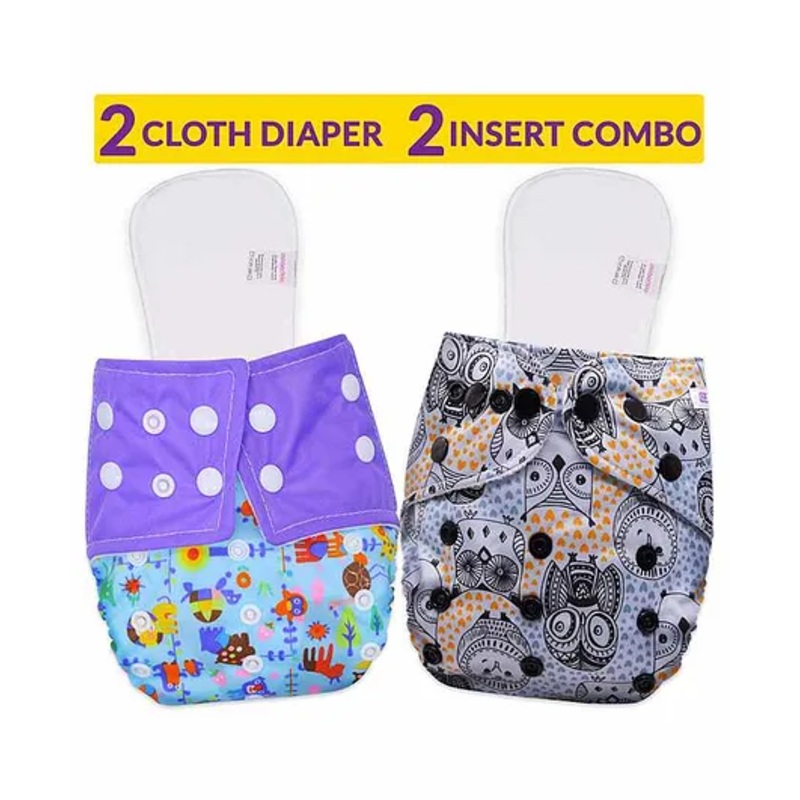 Bembika Reusable Cloth Diapers With Inserts Multi Print Pack of 2 – Purple Black