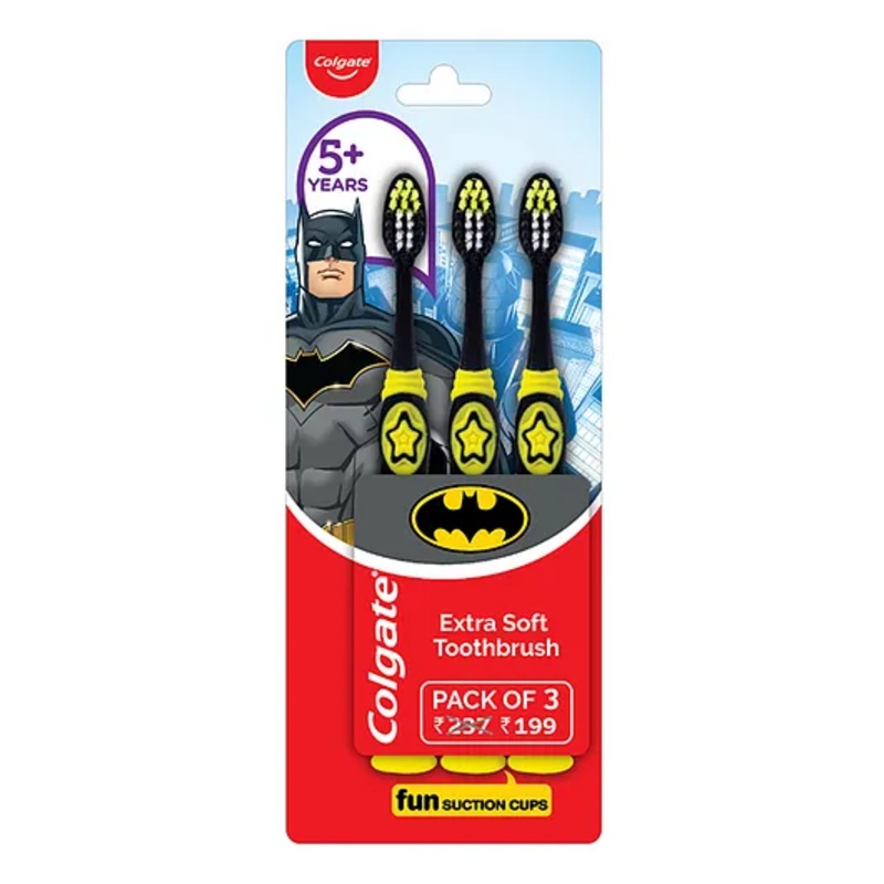Colgate Kids Extra Soft Toothbrush with Tongue Cleaner Batman Print Pack of 3 – Black
