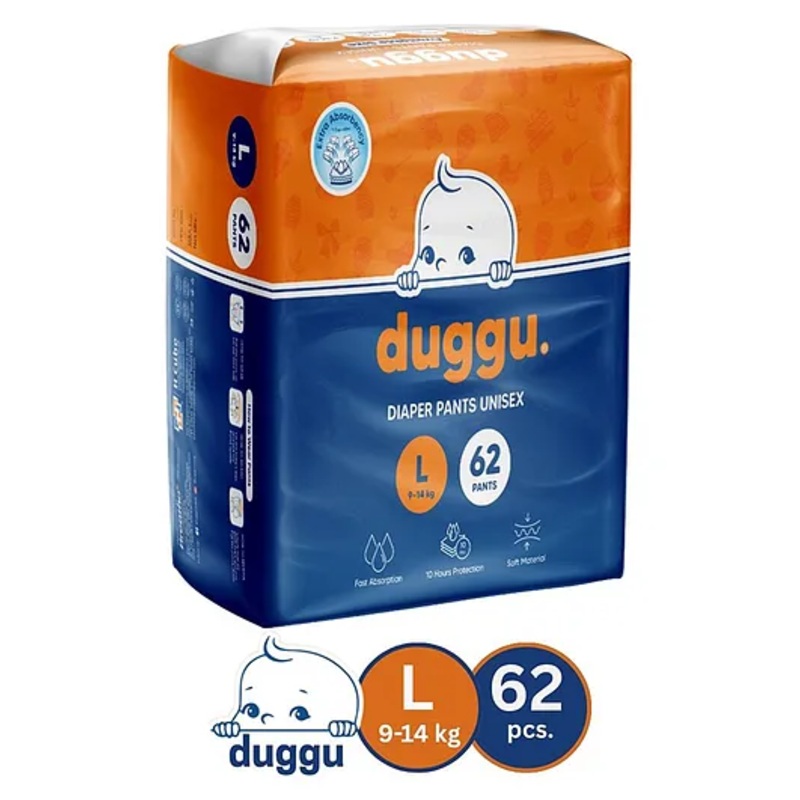 Duggu Baby Diaper Pants | Feather-Like Cotton Feel | Up to 10-Hour Absorption | Soft Elastic Waistband | Highly Absorbent | Large | 9-14 KG | Pack of 1 – 62 Diapers