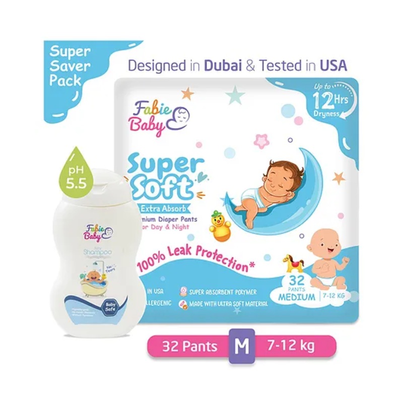 Fabie Baby Diaper Pants Medium (32Pcs) with Baby Baby Shampoo (250ml) Combo – Pack of 2