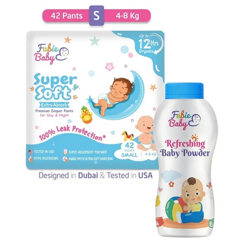 Fabie Baby Small Diaper (42pcs) with Baby Powder (50g) Combo – Pack of 2