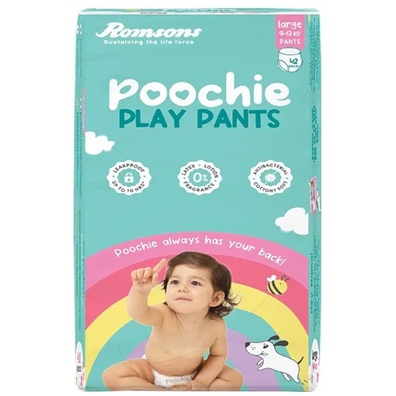 Romsons Poochie Play Pants Baby Diaper | L Size | Super Absorbent Core | Leakproof Protection for up to 10 Hours | Wetness Indicator | 360 Comfort Fit | Suitable for 9-13 KG | Pack of 1 (42 count)