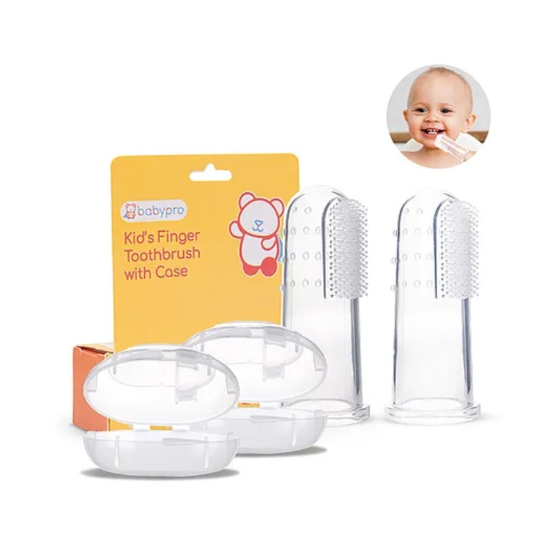 BabyPro Baby Finger Toothbrush with Storage Case Premium Silicone Toothbrush with Soft Bristles for Babies Tongue Cleaner Food-Grade BPA Free Non-Toxic (Pack of 2 White)