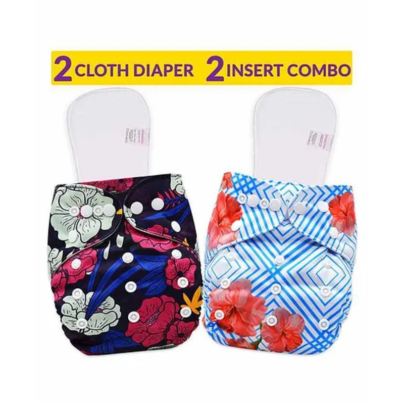 Bembika Reusable Cloth Diapers With Inserts Floral Print Pack of 2 – Blue