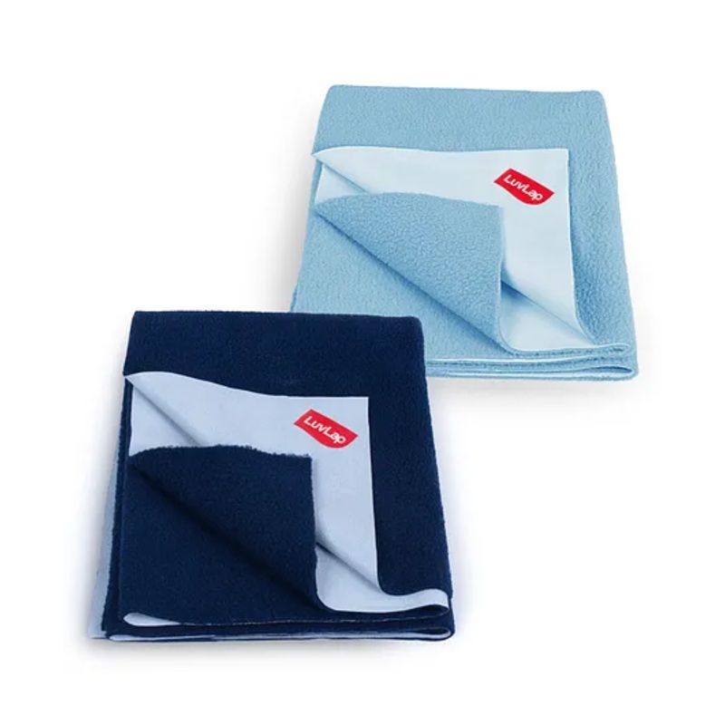 LuvLap Instadry Anti-Piling Fleece Quick Dry Baby Bed Protector, Waterproof, 100x140cm, Pack of 2, Sky Blue & Navy Blue