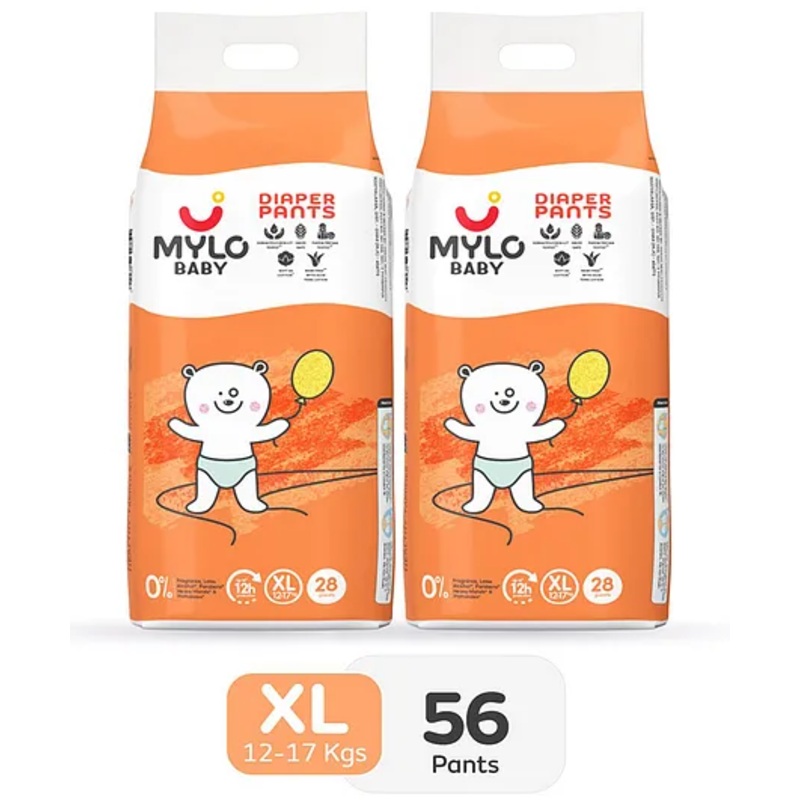 Mylo Baby Diaper Pants Extra Large XL Size 12-17 kgs with ADL Technology – 56 Count – 12 Hours Protection