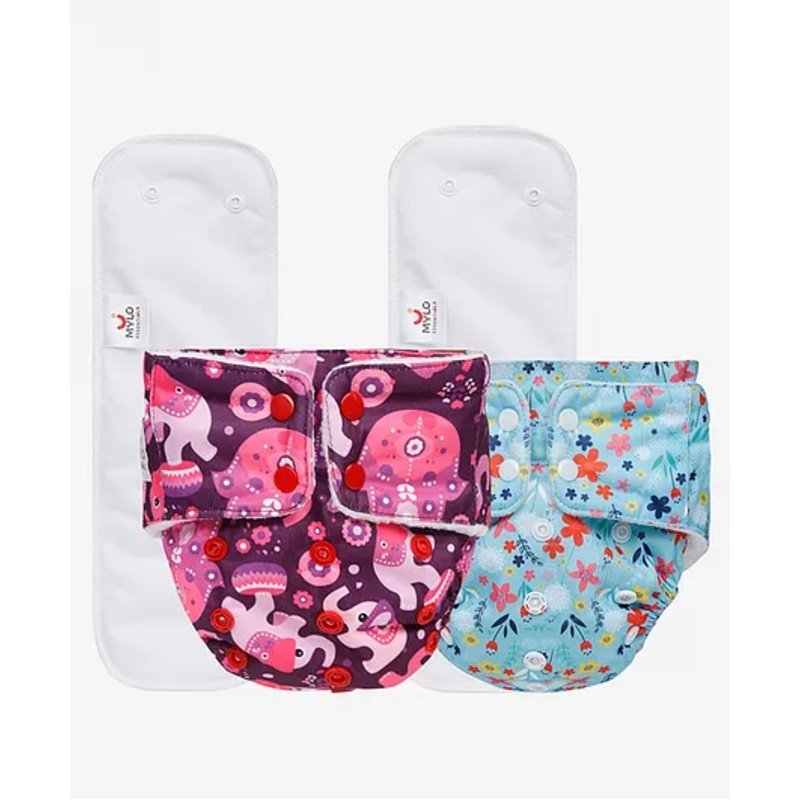 Mylo Baby Freesize Adjustable Cloth Diapers with 2 Free Insert Oeko Tex Certified Pack of 2 – Floral Spring Purple Love Multicolour