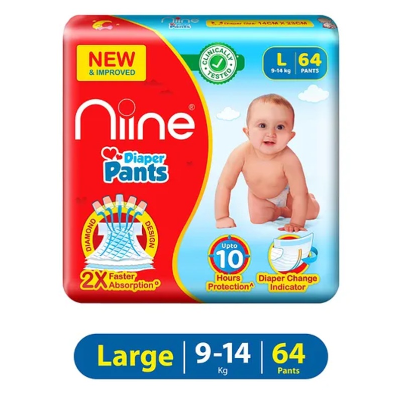 Niine Baby Diaper Pants Large Size  for Overnight Protection with Rash Control – 64 Pants