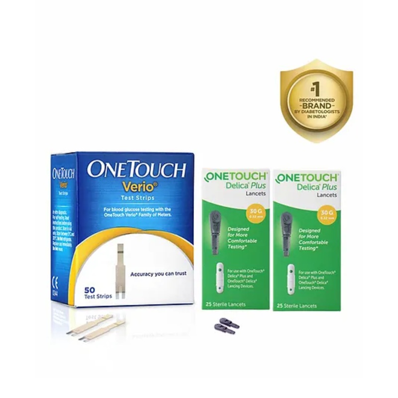 OneTouch Verio Test Strips | Pack of 50 Test Strips along with 50 Delica Plus Lancets | Blood Sugar Test Machine Testing Strips | Global Iconic Brand | For use with OneTouch Verio Flex Glucometer