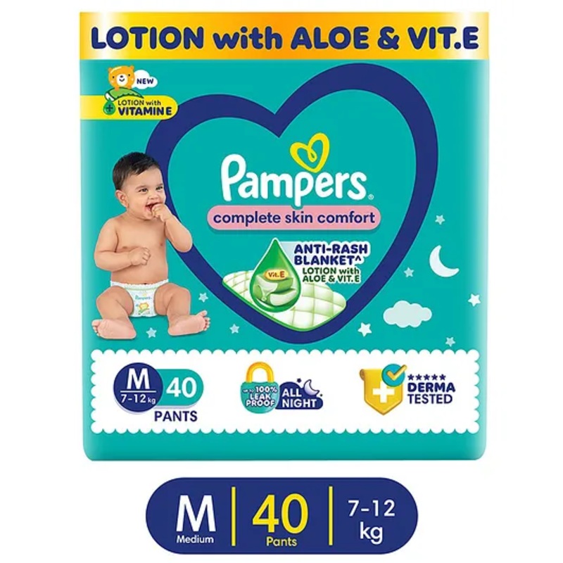 Pampers All Round Protection Pant Style Baby Diapers  7-12 kg | Anti Rash Blanket | Lotion with Aloe Vera Diapers Medium – 40 Pieces