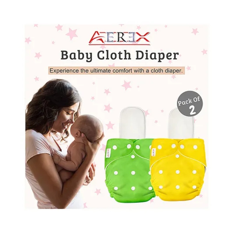 AEREX Reusable Baby Cloth Diapers With White Insert Pads Leak Proof Washable Diapers For New Born Babies Adjustable Snap Buttons Cloth Diaper Nappies (Multicolor, Pack of 2)